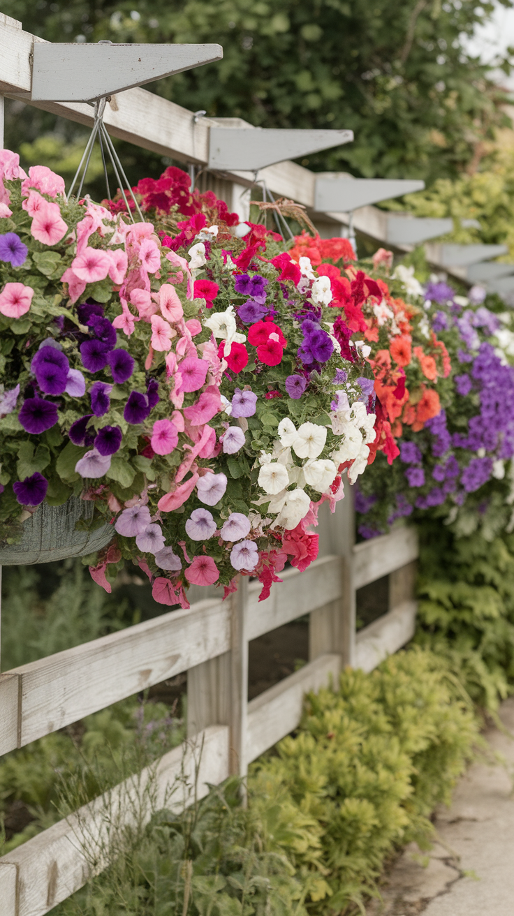 Colorful hanging baskets filled with petunias in various hues