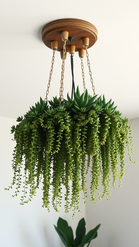 A chandelier made of succulents and hanging plants, featuring a wooden top and chains.