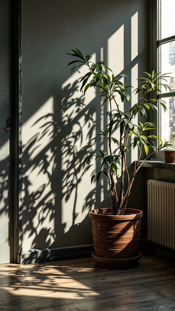 A Cast Iron Plant in a pot next to a window, casting shadows on the wall.