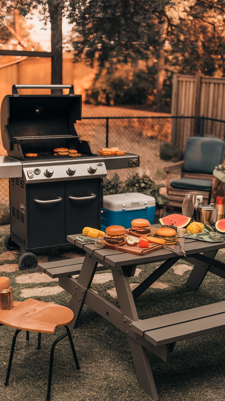 A cozy backyard BBQ setup with a grill, picnic table, and delicious food.