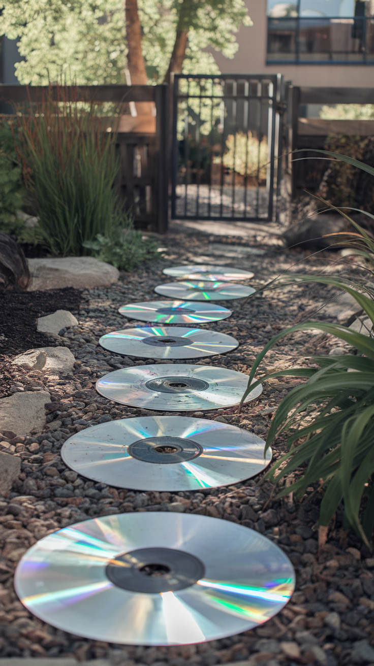 A garden path made of shiny CD discs arranged as stepping stones.