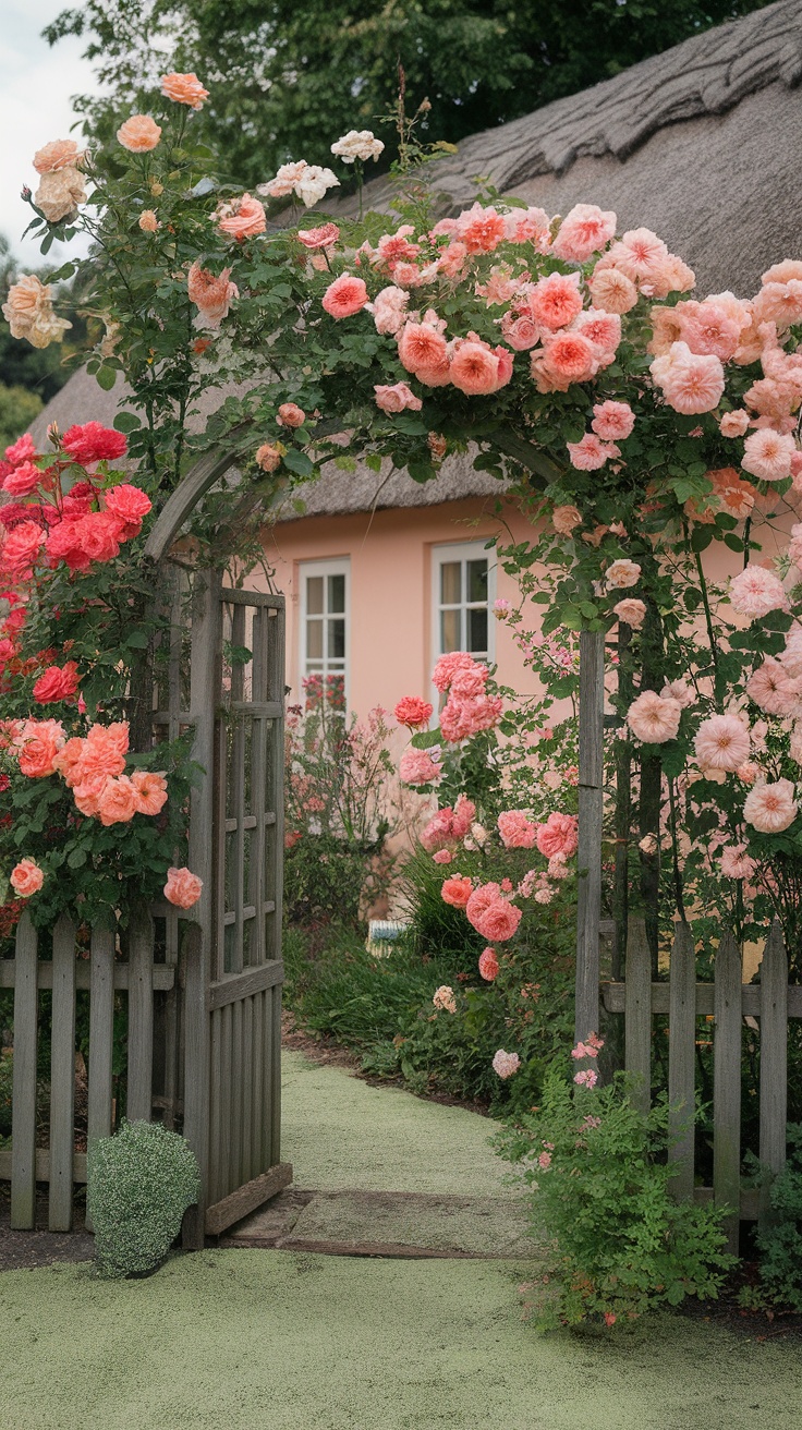A charming cottage surrounded by a vibrant rose garden with an archway of flowers.