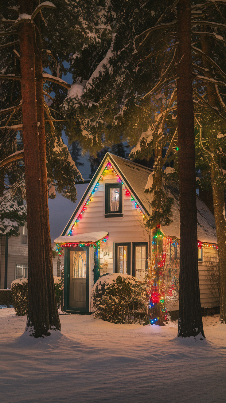 Charming cottage decorated with festive lights in a snowy setting