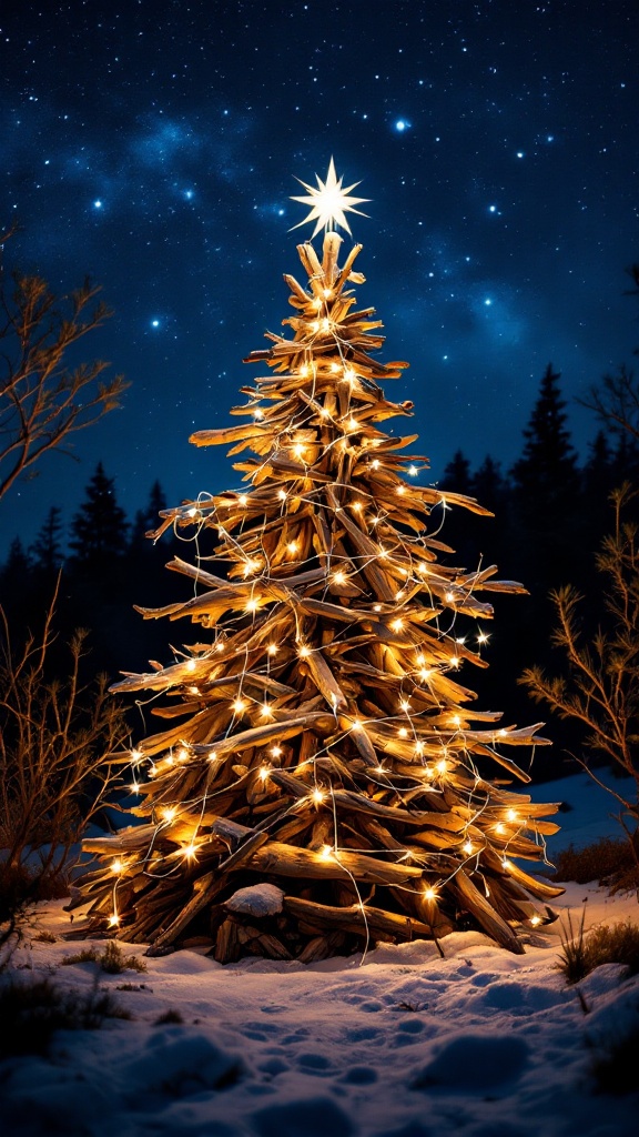 A beautifully lit wooden Christmas tree made of branches against a starry night sky.