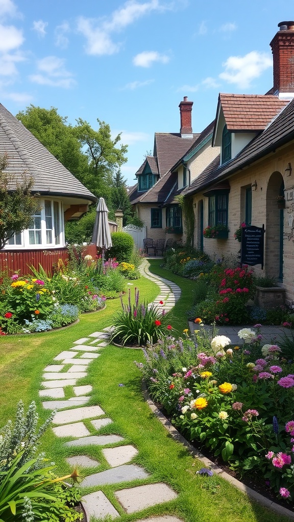 A picturesque garden pathway lined with vibrant flowers and stepping stones.