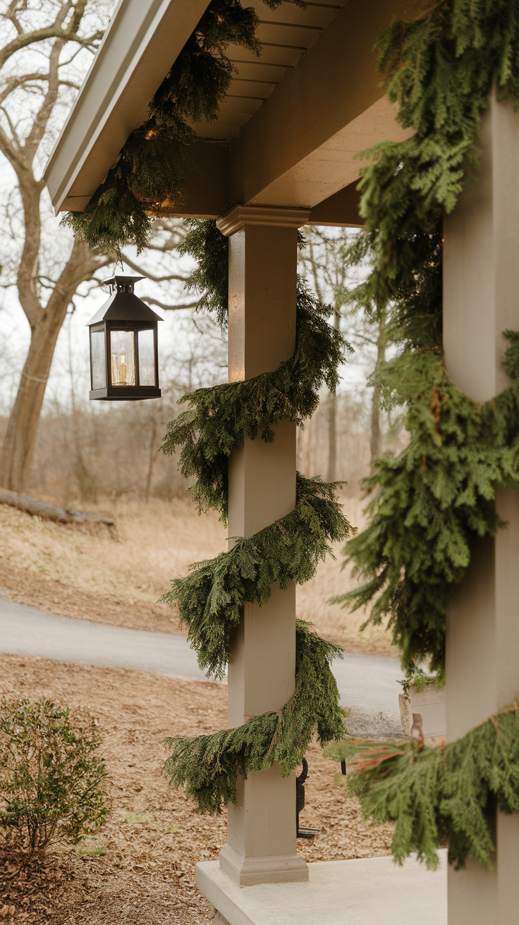 Decorative lantern hanging beside green garland on porch pillars