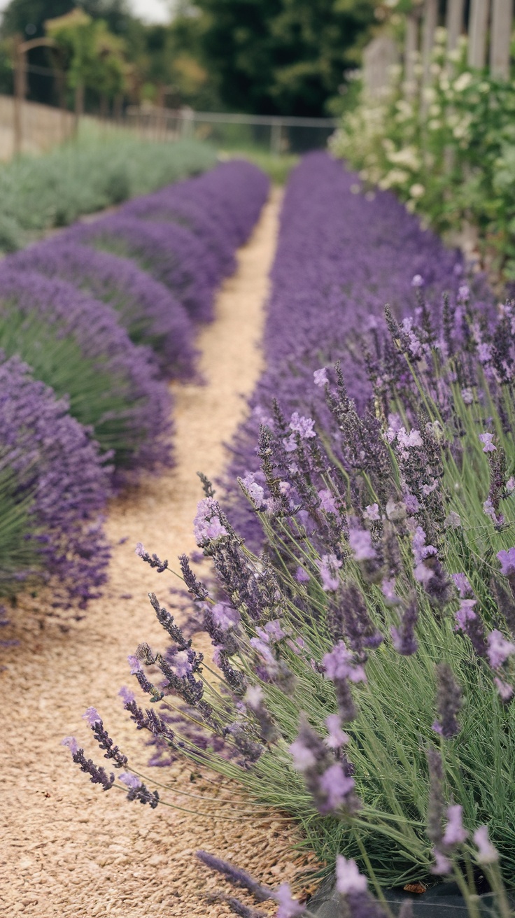 Rows of blooming lavender plants in a garden