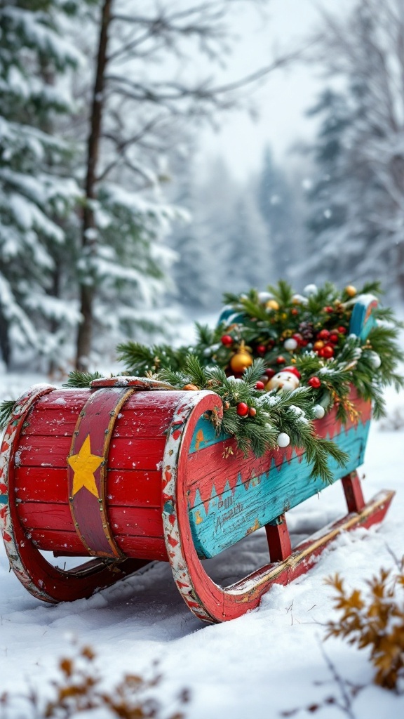 A colorful sled decorated with greenery and ornaments in a snowy landscape.