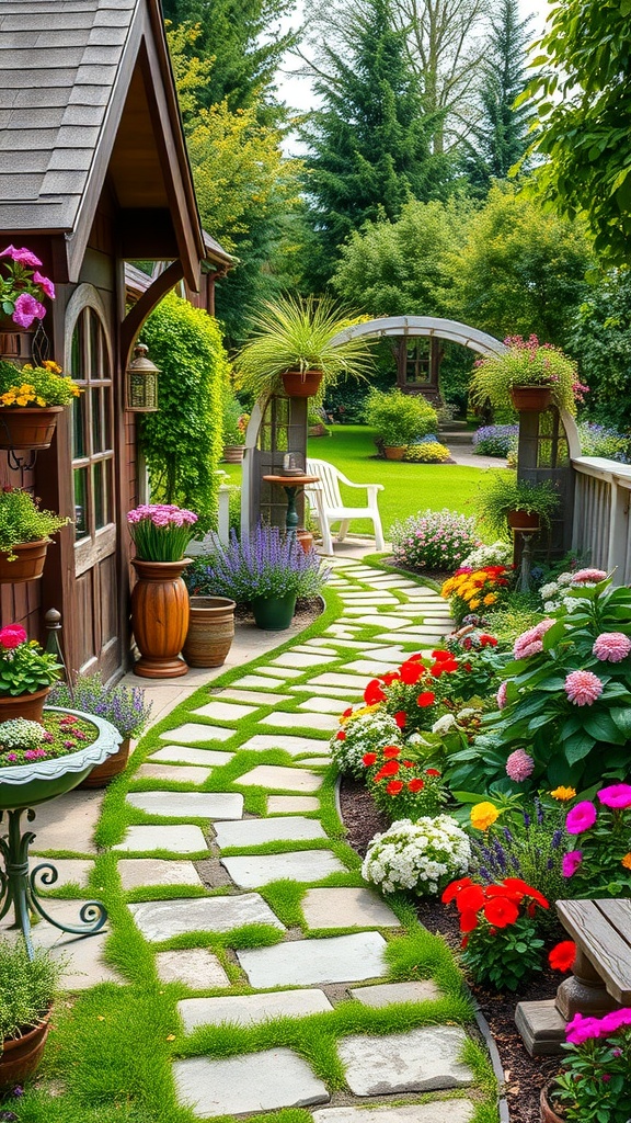 A charming garden pathway lined with vibrant blooms and greenery.