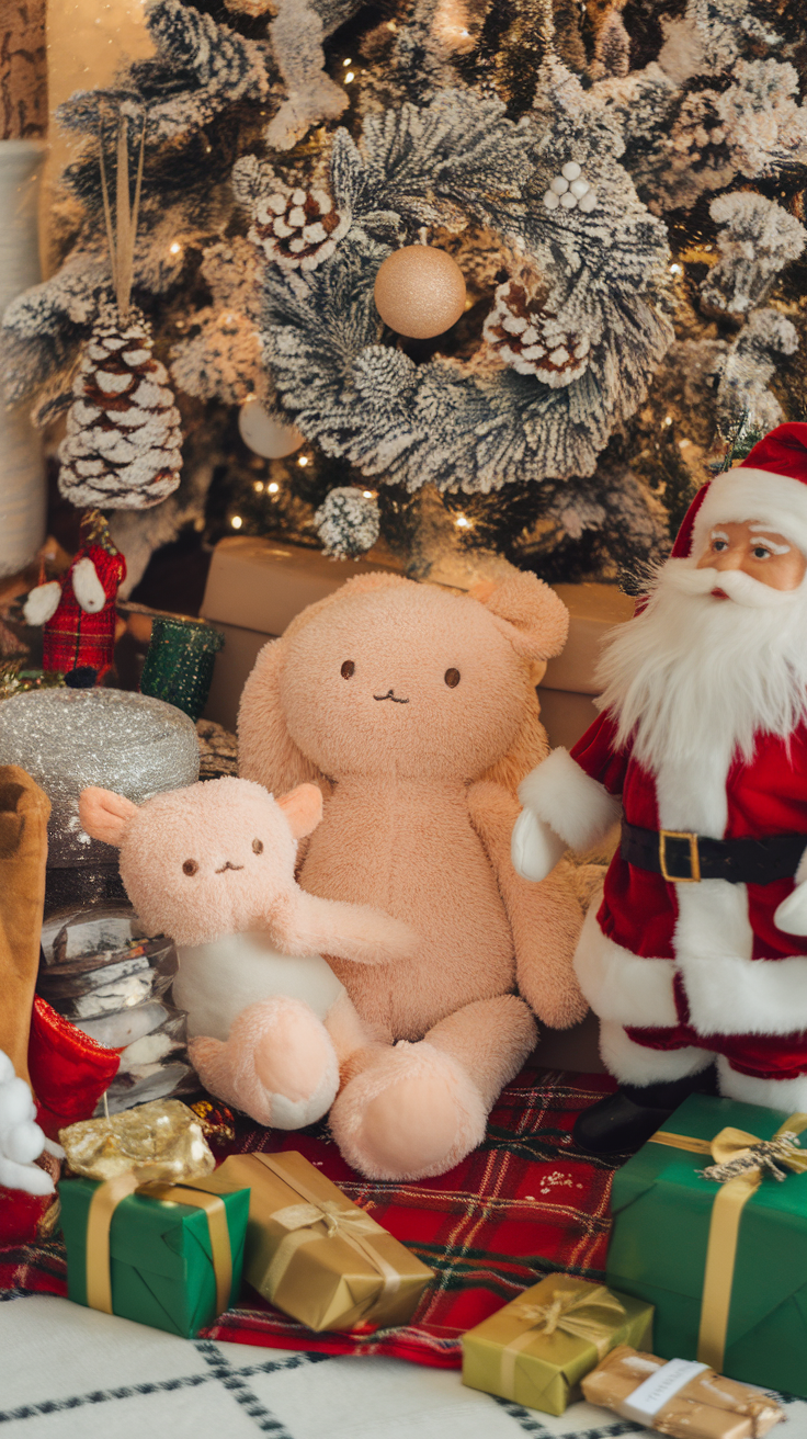 Two peach fuzz plush toys sitting near a decorated Christmas tree with gifts.