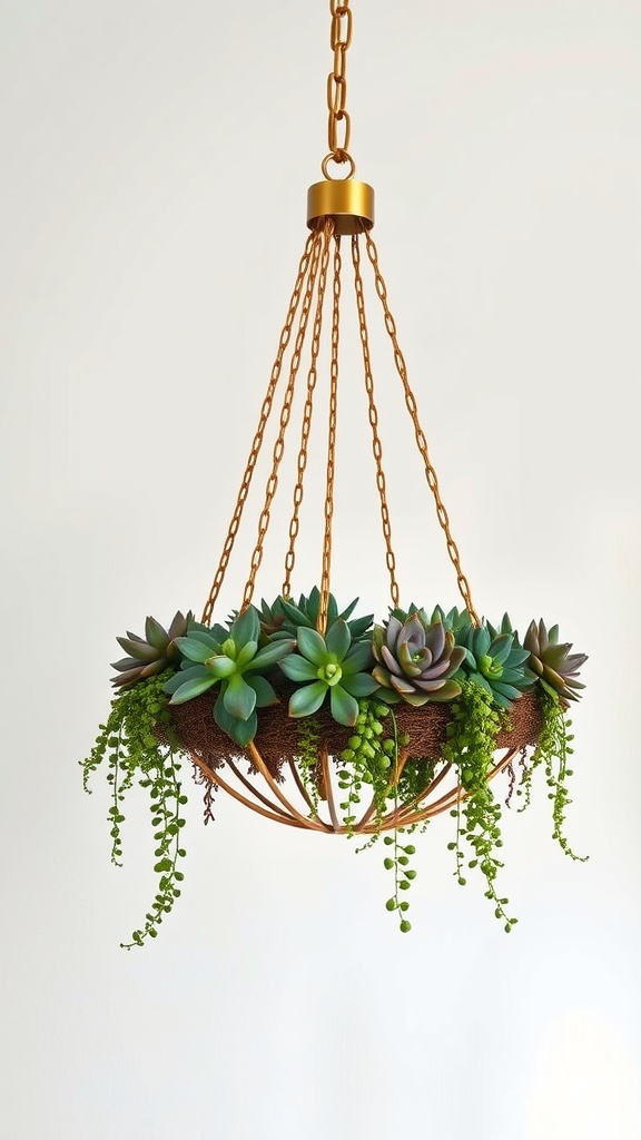 A beautifully designed chandelier made of succulents hanging from a chain.