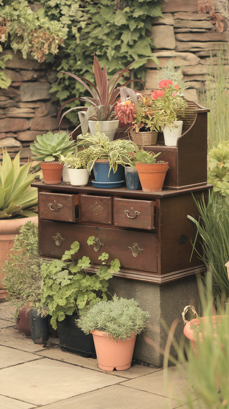 A wooden chest of drawers displaying various potted plants in a garden.