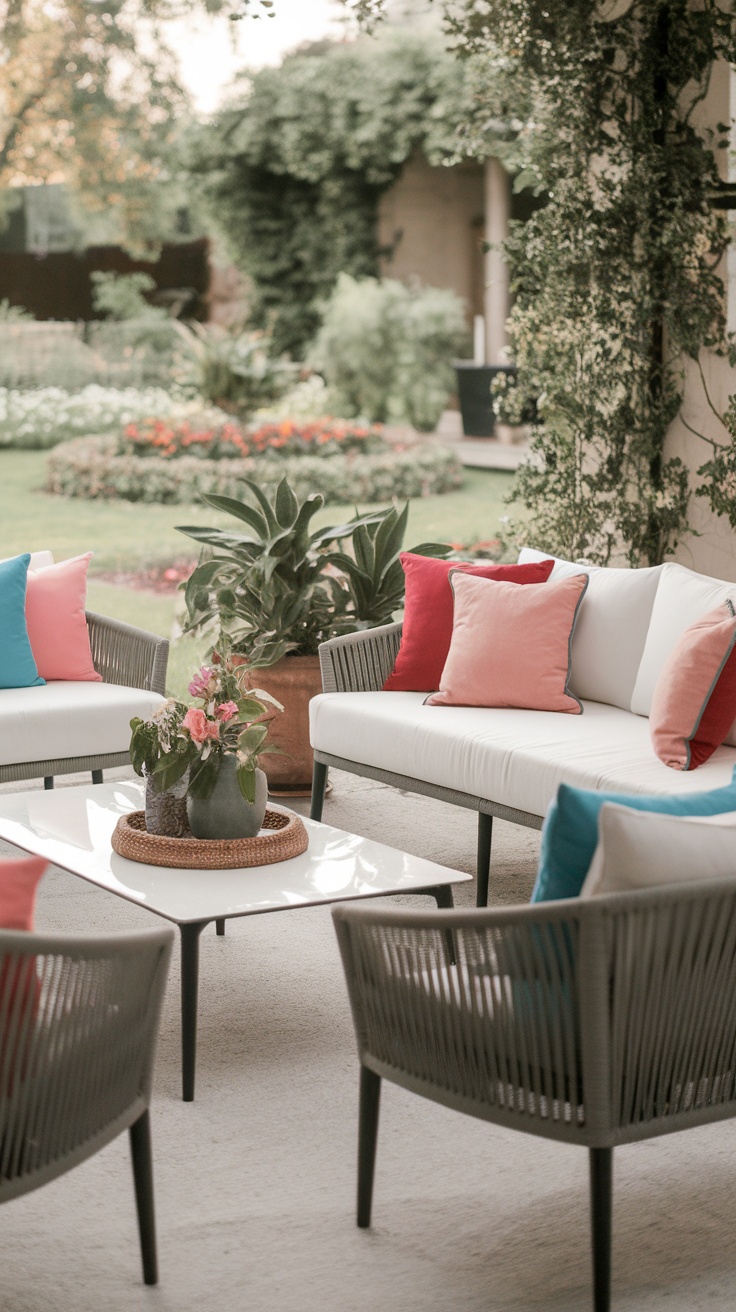 Stylish outdoor lounge with colorful cushions and a coffee table in a garden setting.