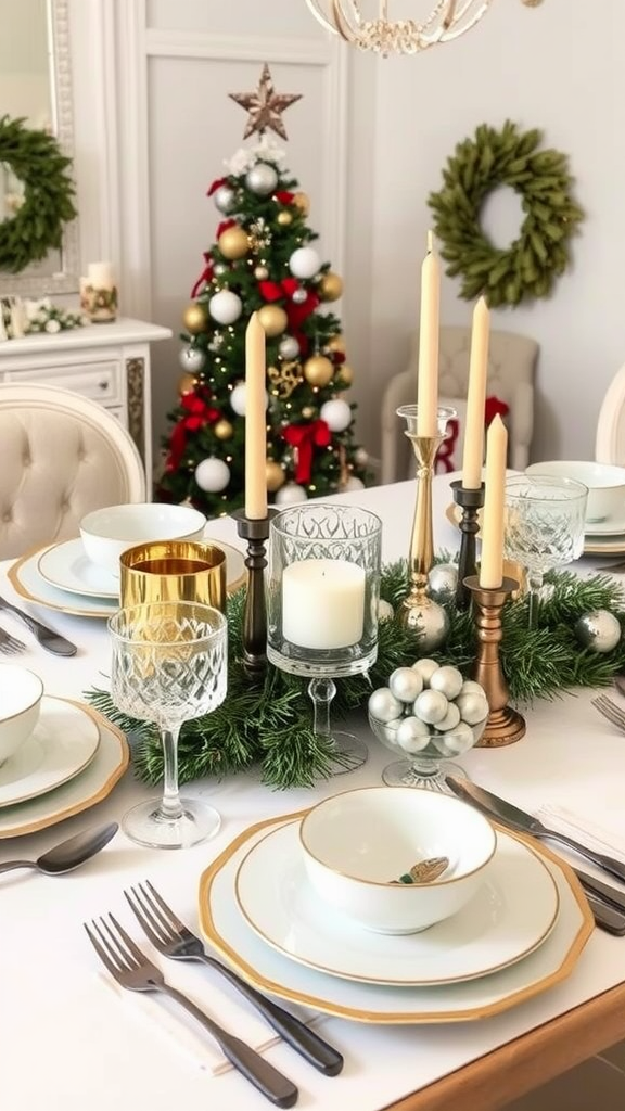 Chic holiday table setting with elegant dinnerware, candles, and festive decorations.