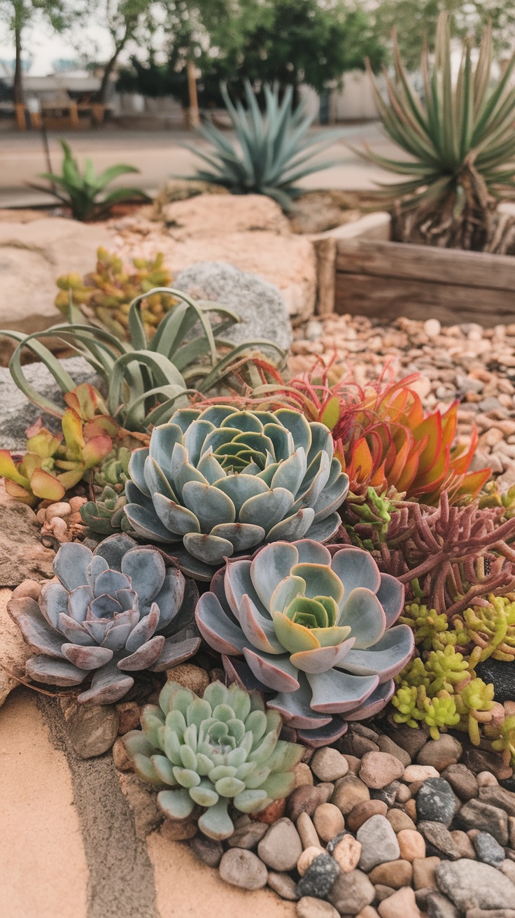 A variety of colorful succulents arranged among river rocks in a garden setting.