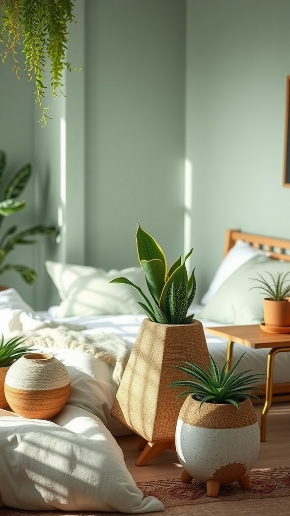 A cozy boho bedroom featuring unique planters with plants in a sage green setting.