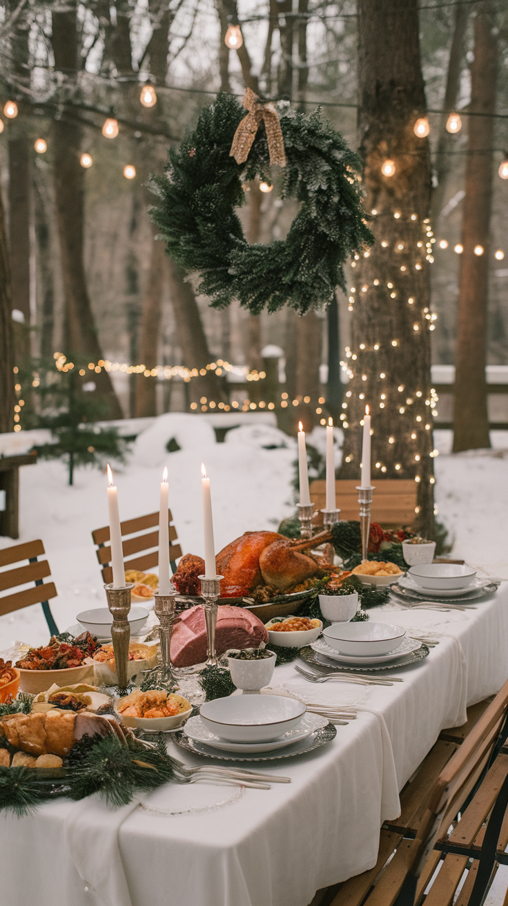 A beautifully set outdoor Christmas Eve table with festive decorations and a snowy background.