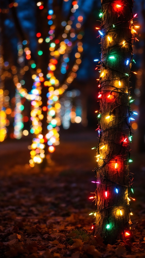 Tree trunks wrapped in colorful Christmas lights at night