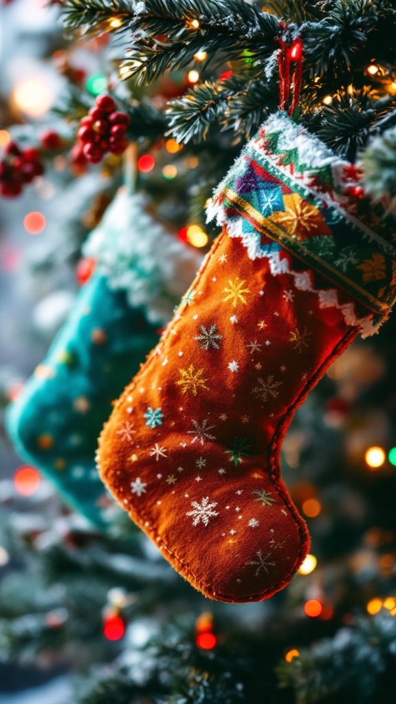 Colorful Christmas stockings hanging from a decorated tree