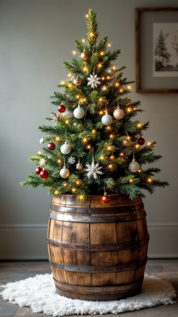 A beautifully decorated Christmas tree in a wooden barrel with lights and ornaments.