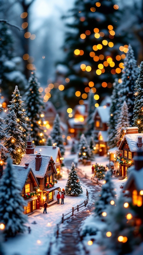 A charming Christmas village scene with decorated homes, snow-covered trees, and lights.