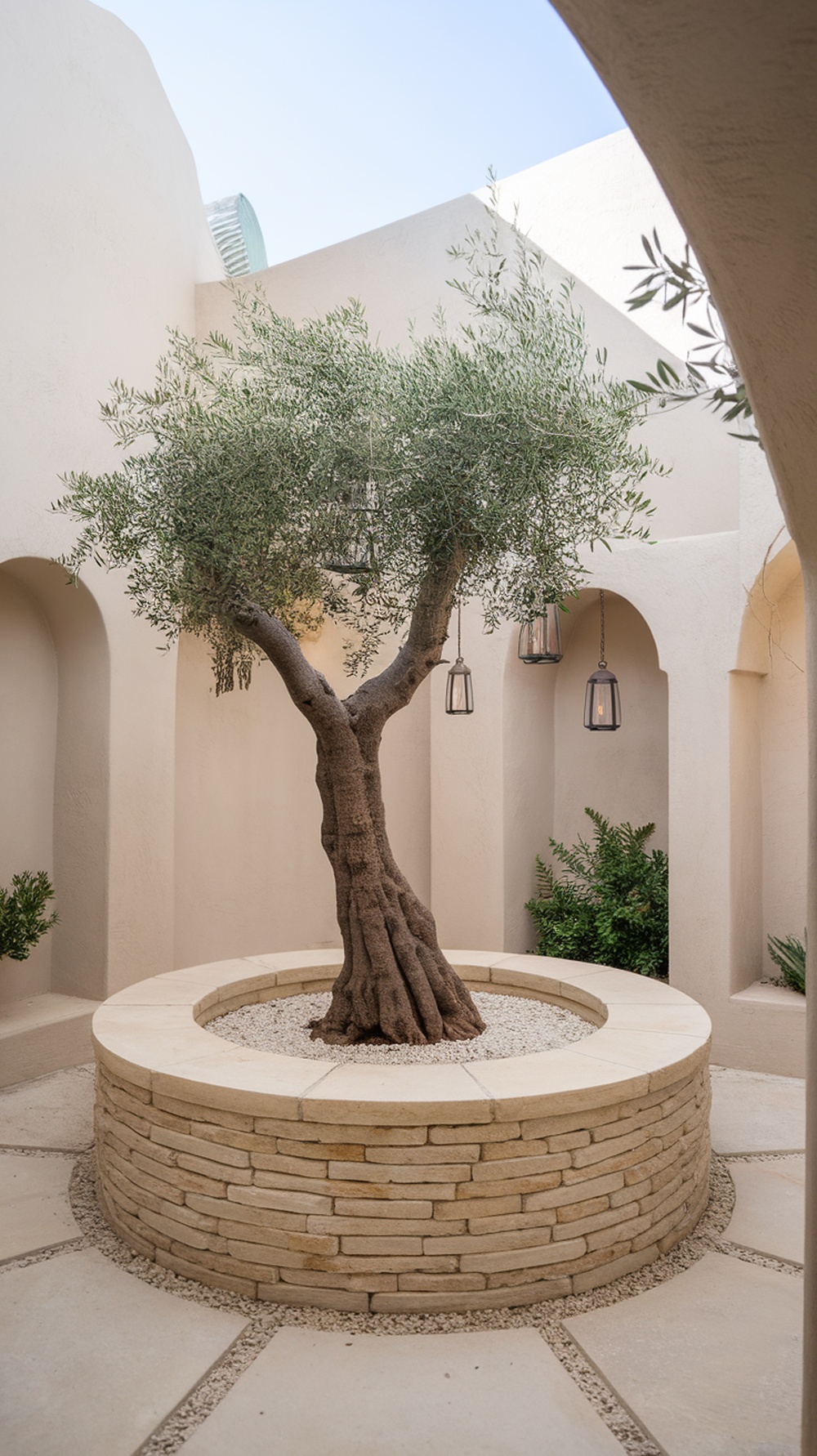 A circular courtyard with an olive tree planter, featuring smooth stones and hanging lanterns.