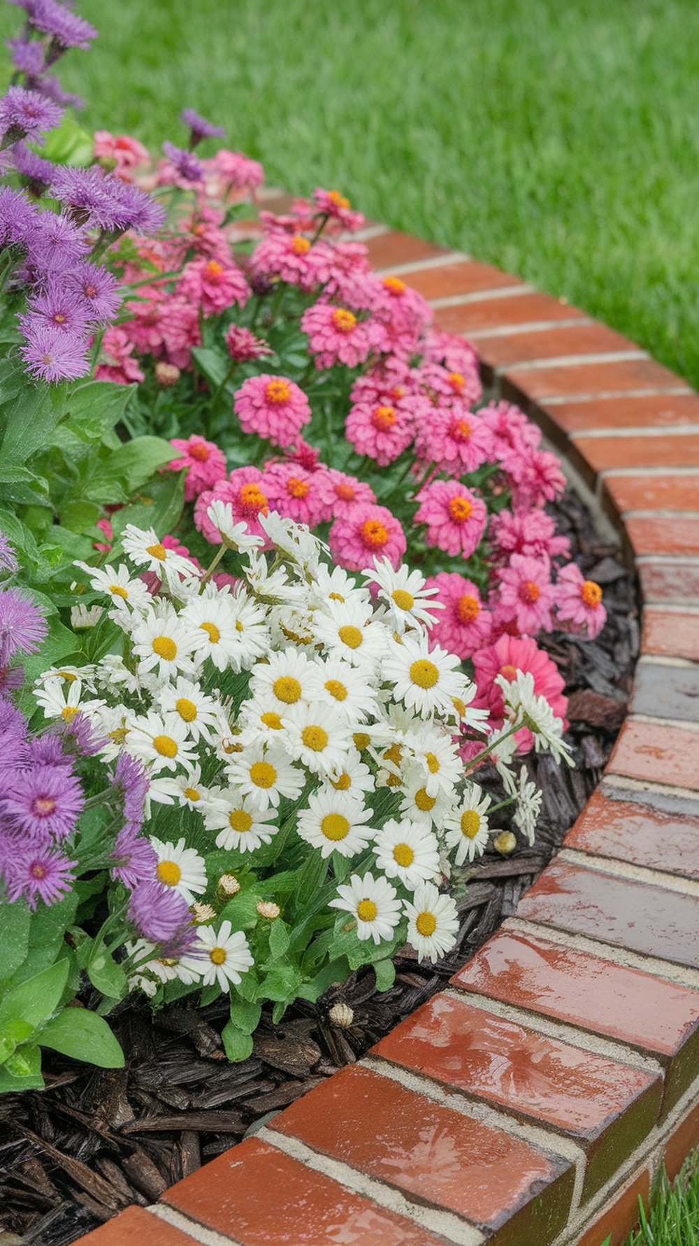 A colorful flower bed bordered by classic red brick edging, featuring daisies and zinnias.