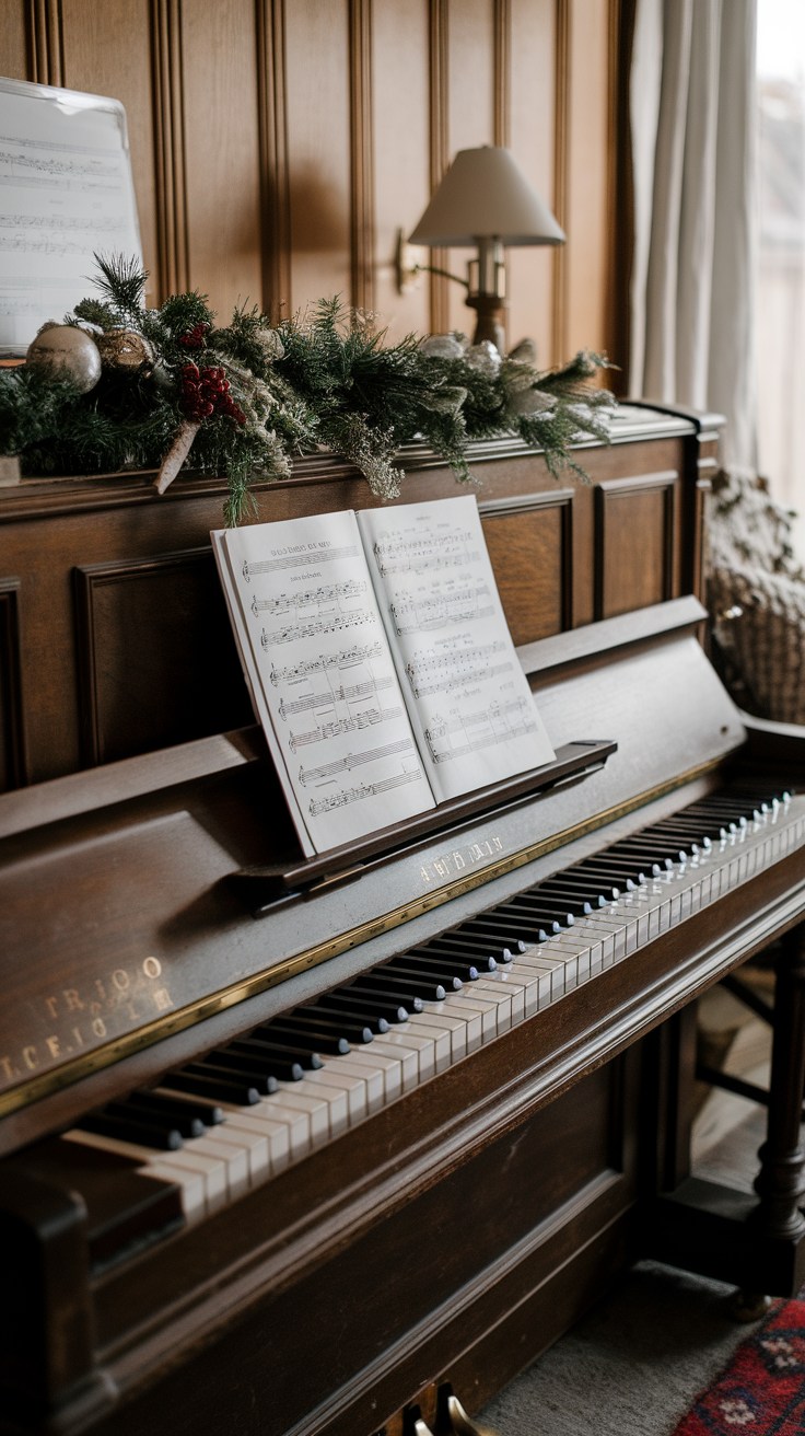 Piano with Christmas carol sheet music and festive decorations.