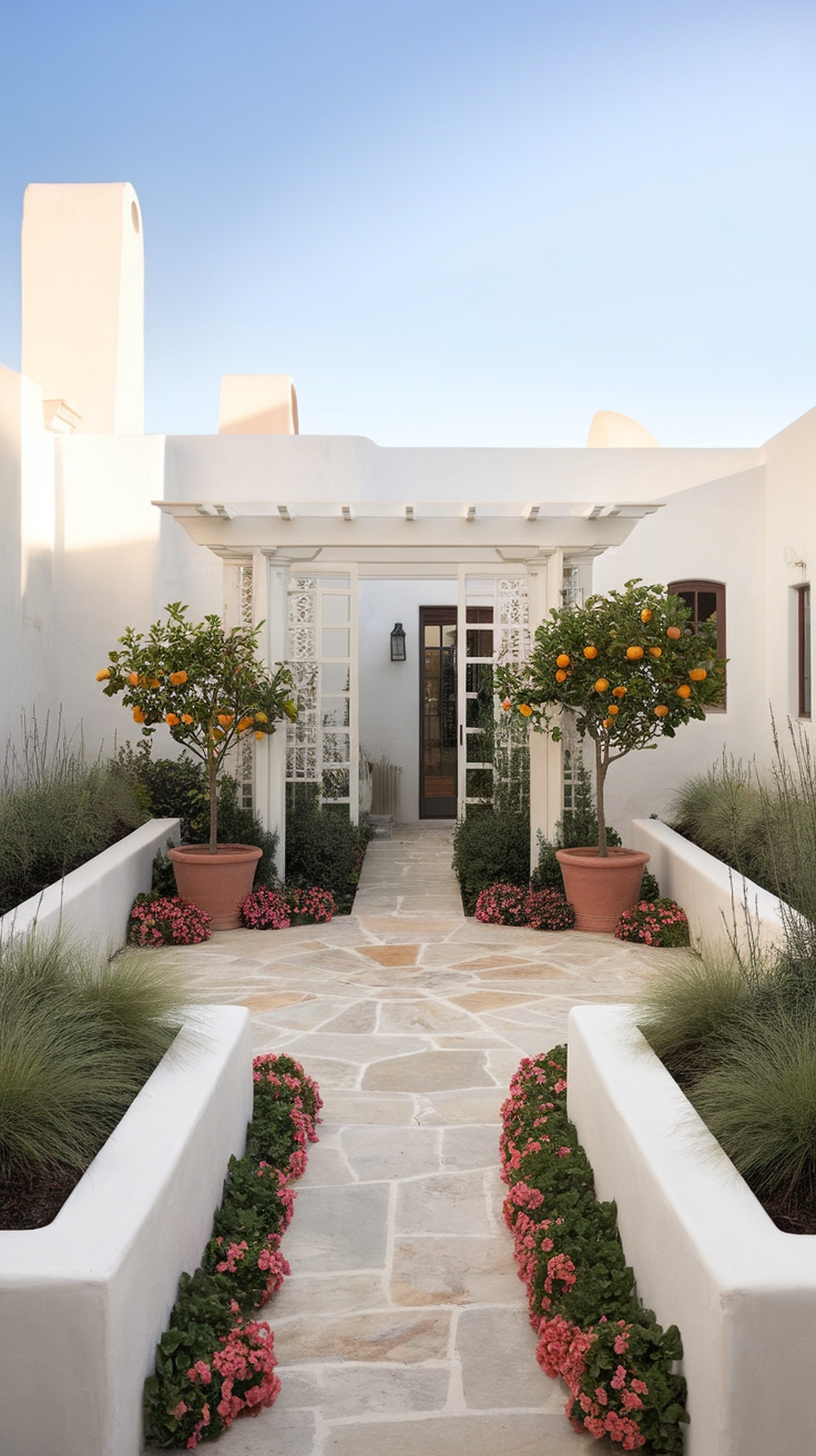 A bright Mediterranean courtyard featuring a stone pathway, whitewashed walls, and potted orange trees.