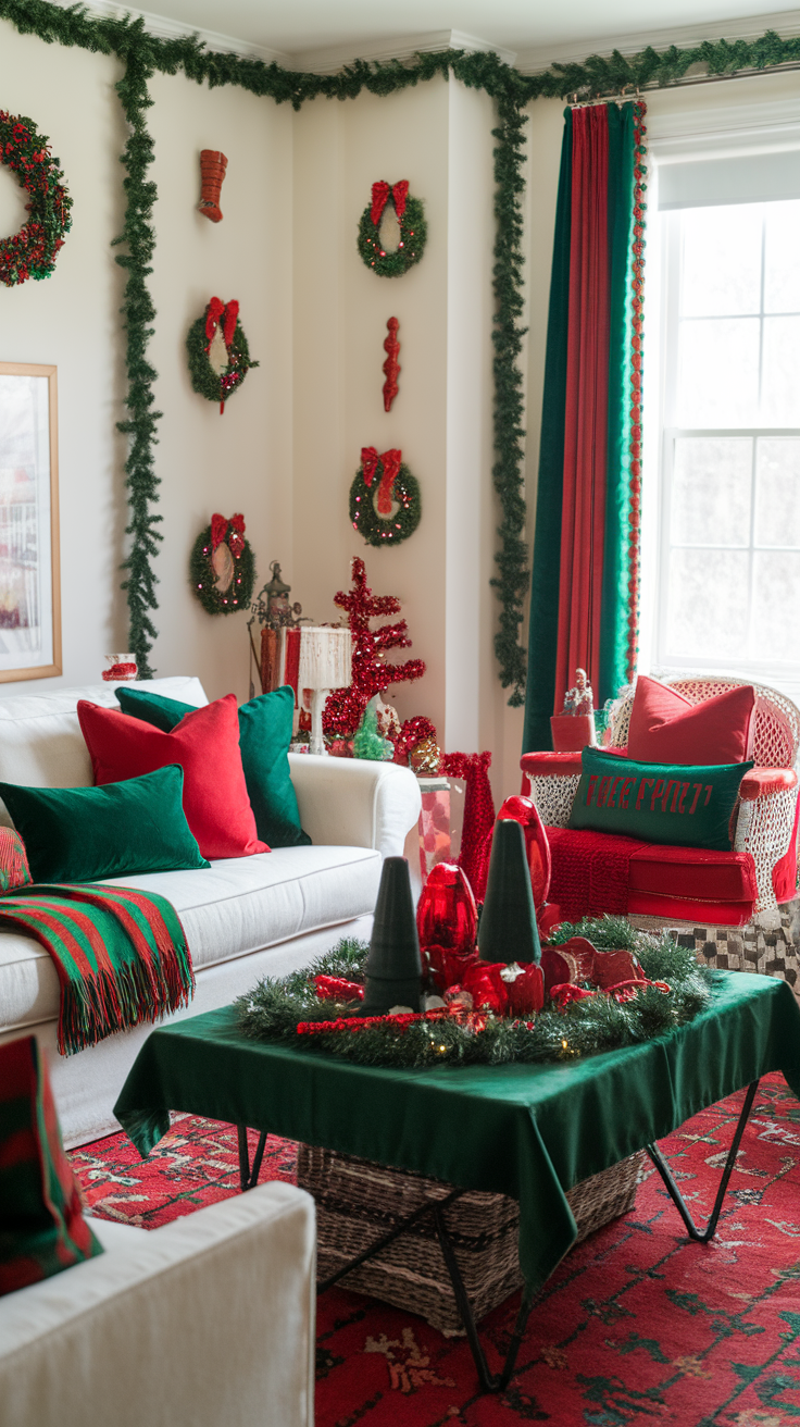 A cozy living room decorated for the holidays with red and green accents.
