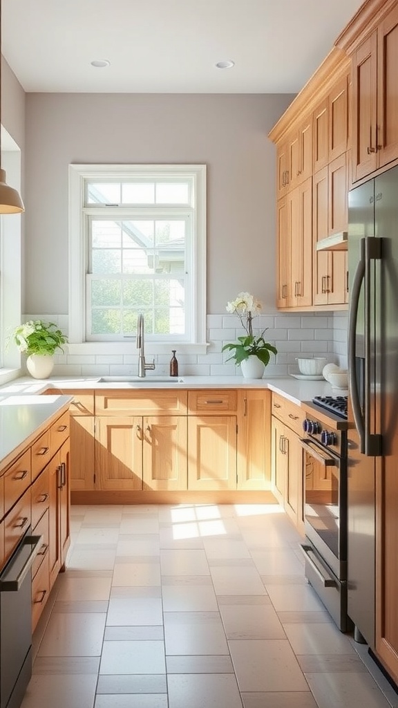 A bright kitchen featuring classic Shaker style cabinets with a natural wood finish.