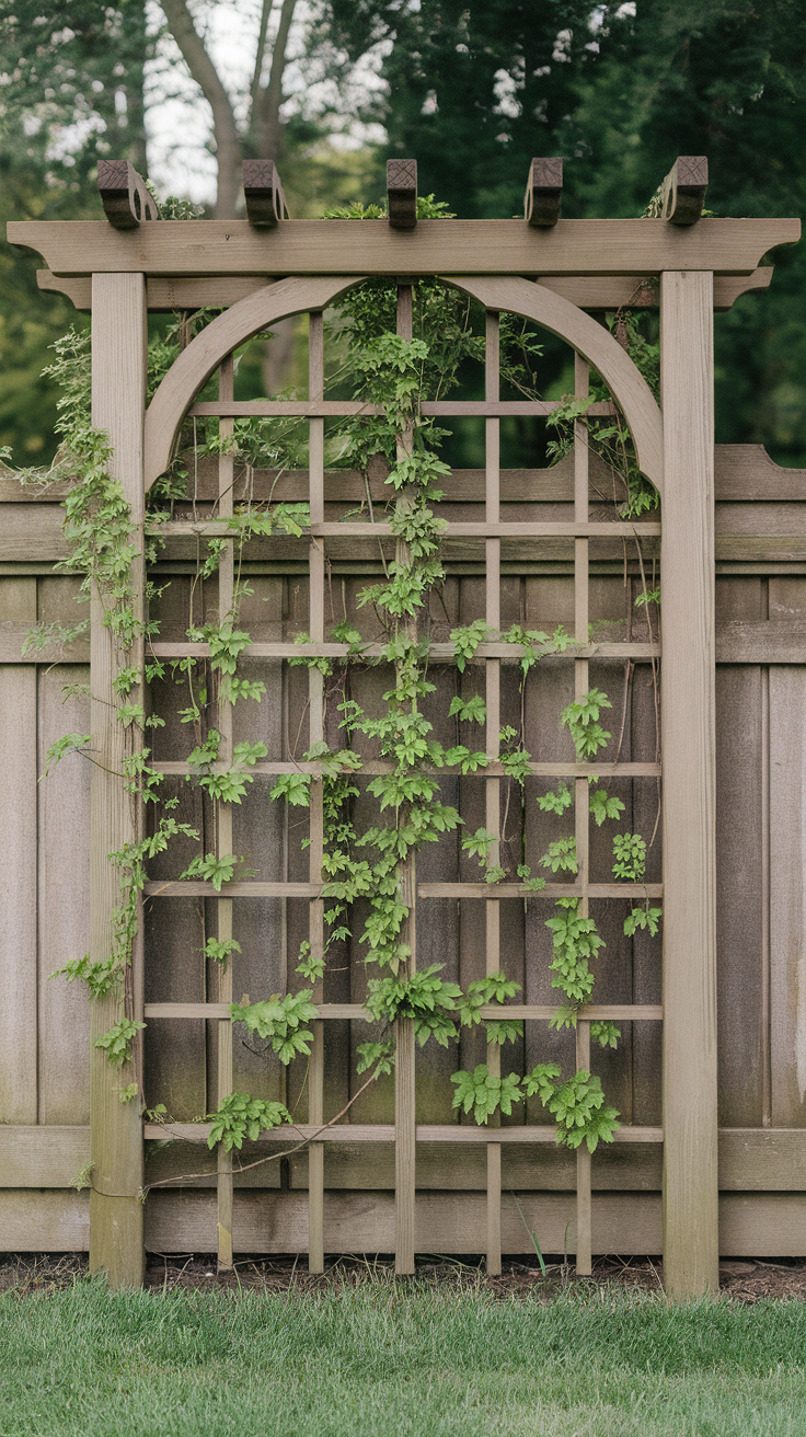 A wooden trellis with climbing vines against a fence.