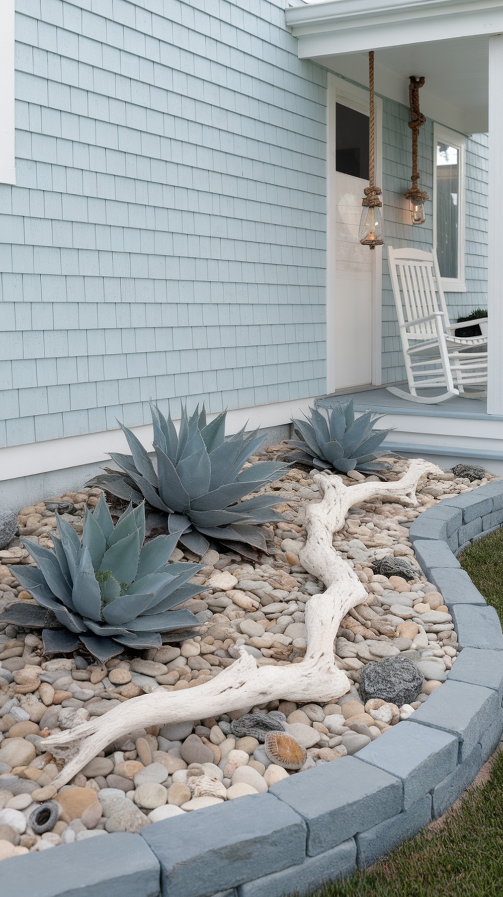 Coastal succulent garden featuring agave plants, smooth pebbles, and driftwood.