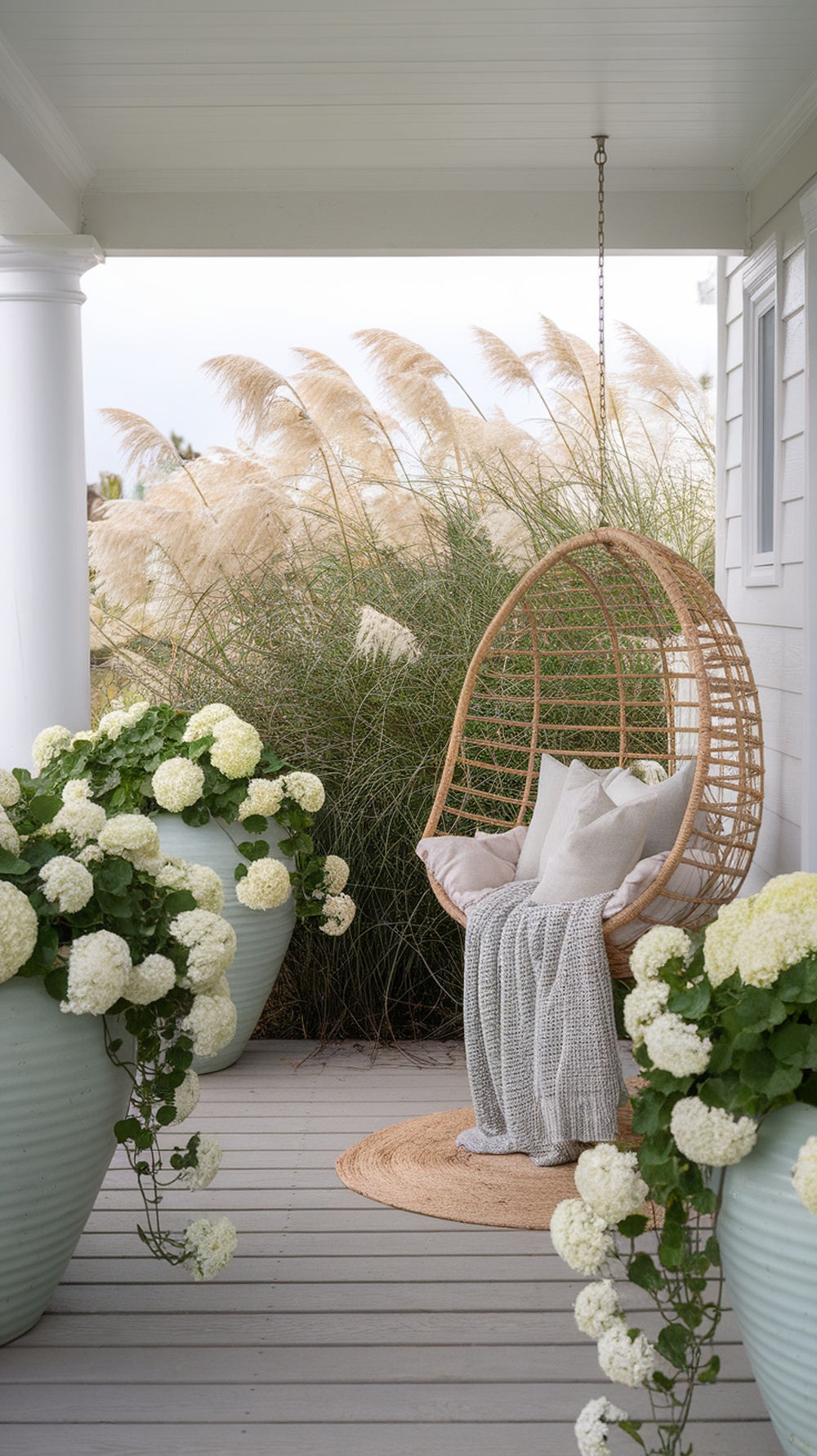 A coastal-inspired porch featuring a hanging chair, white hydrangeas in planters, and tall grasses in the background.