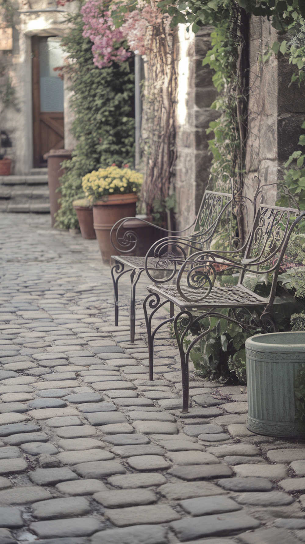 A cobblestone path beside potted plants and iron benches in a cozy garden setting.