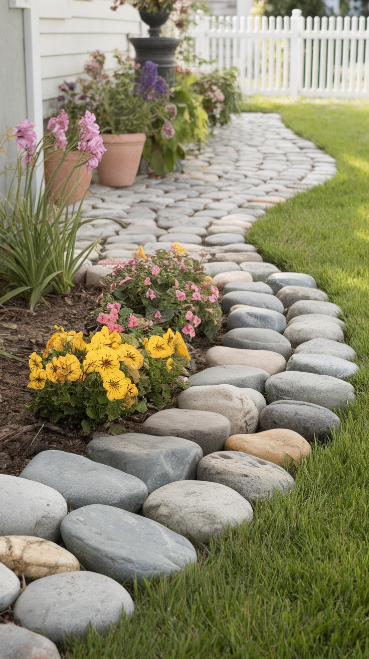 A garden path lined with smooth cobblestones, surrounded by colorful flowers.