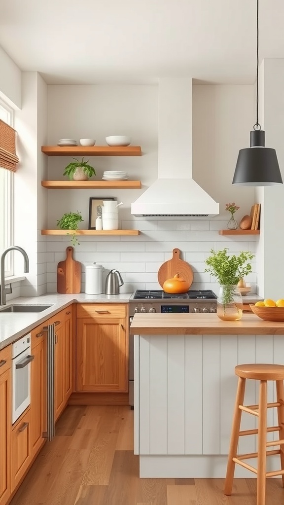 Modern kitchen with wooden cabinets and shelves, white walls, and a minimalist design.