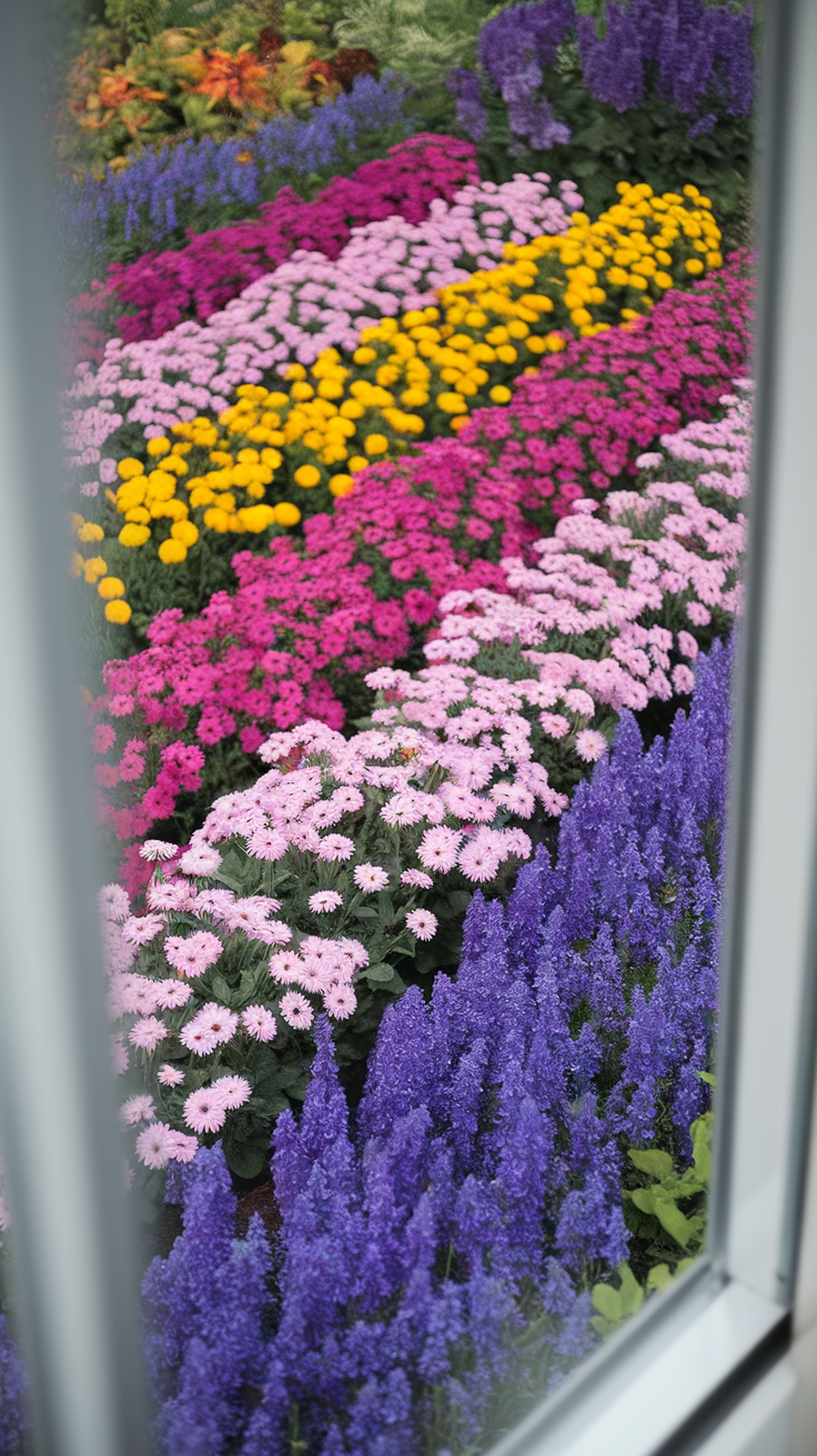 Color-blocked flower garden with rows of pink, yellow, purple flowers