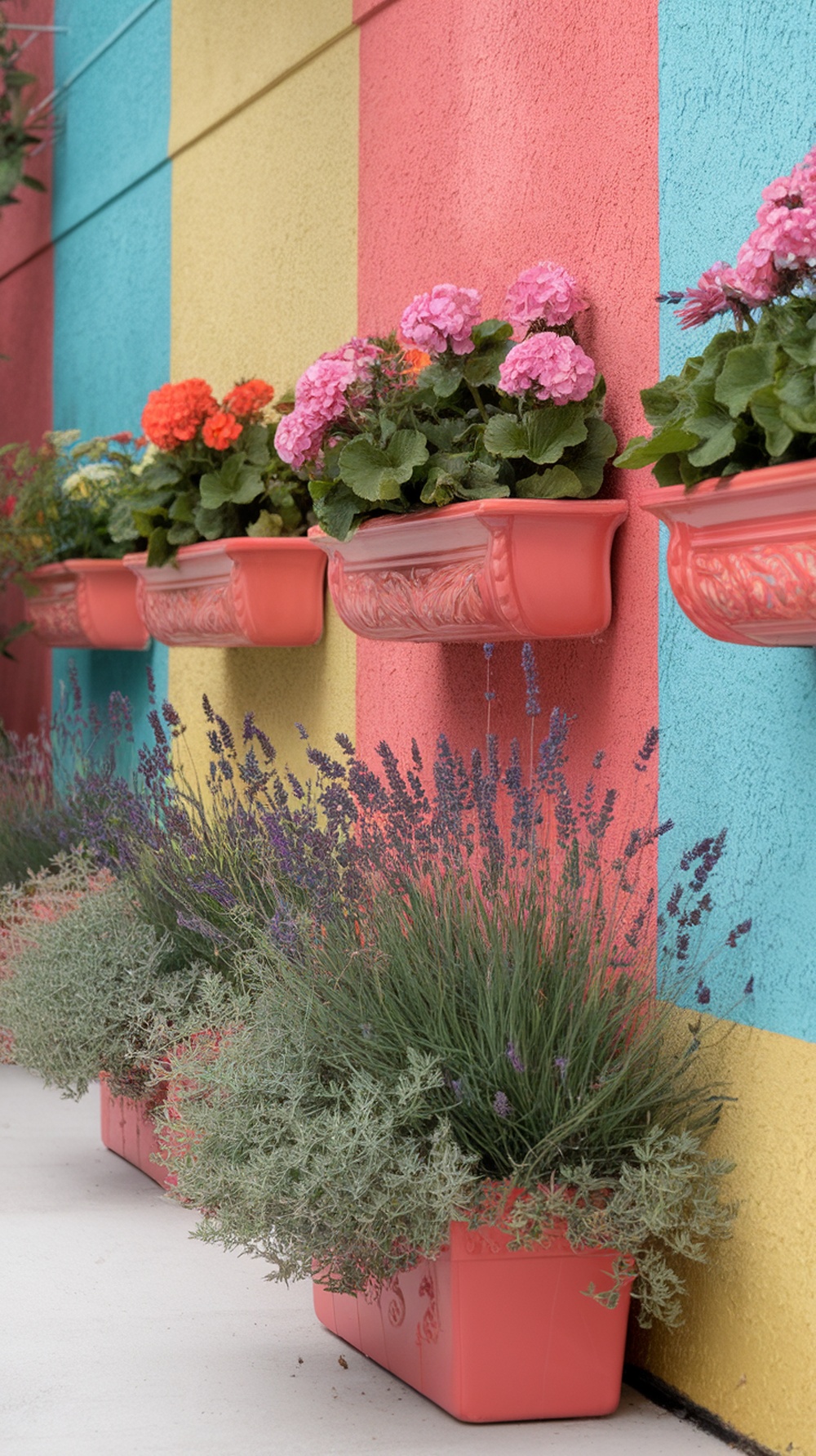 Colorful planters with flowers and herbs against a vibrant wall