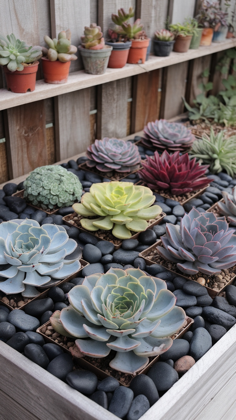 A color-themed arrangement of succulents in a grid format on dark pebbles.