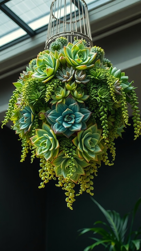 A vibrant chandelier made of various succulents in shades of green and blue.