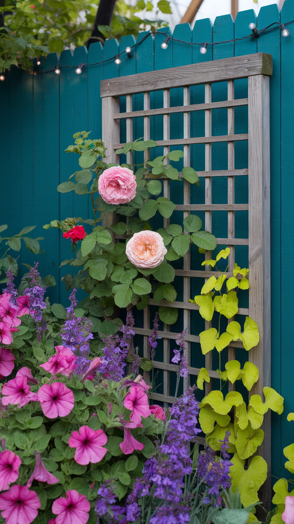 A vibrant corner garden featuring pink petunias, purple flowers, and climbing roses on a wooden trellis against a teal fence.