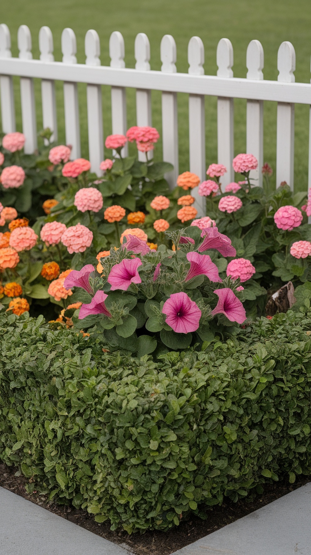 A vibrant entry border featuring colorful flowers and a neatly trimmed boxwood hedge.
