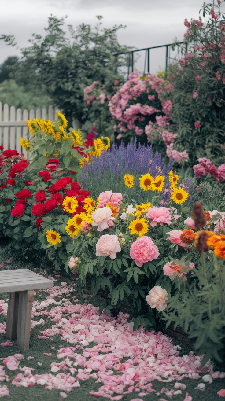 A vibrant backyard garden with blooming flowers and a wooden bench.