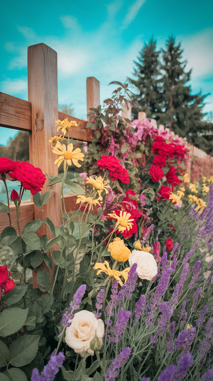 A colorful flower border featuring a variety of blooms including red roses, yellow flowers, and lavender, against a wooden fence.