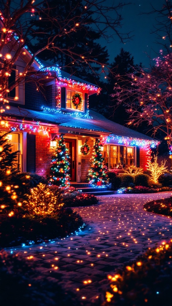 A beautifully decorated house with colorful Christmas lights and a snowy pathway.