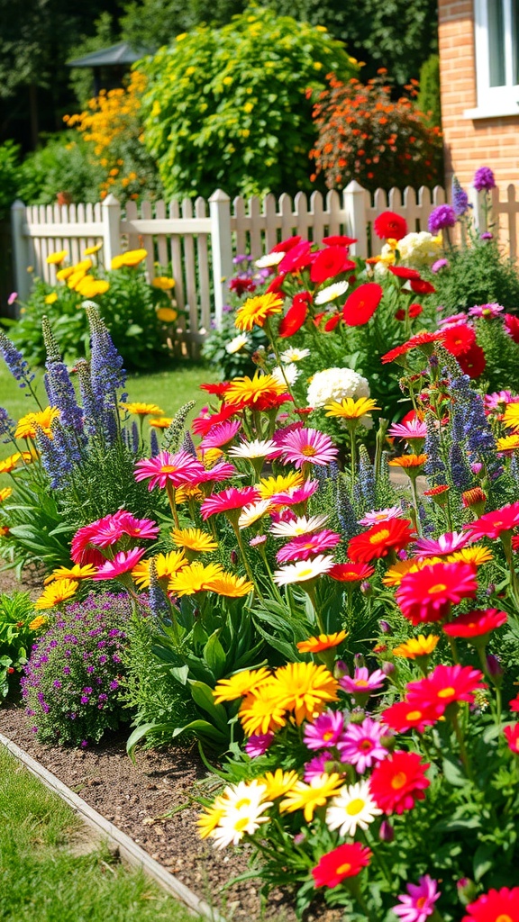 A vibrant flower bed featuring a variety of colorful perennial flowers.