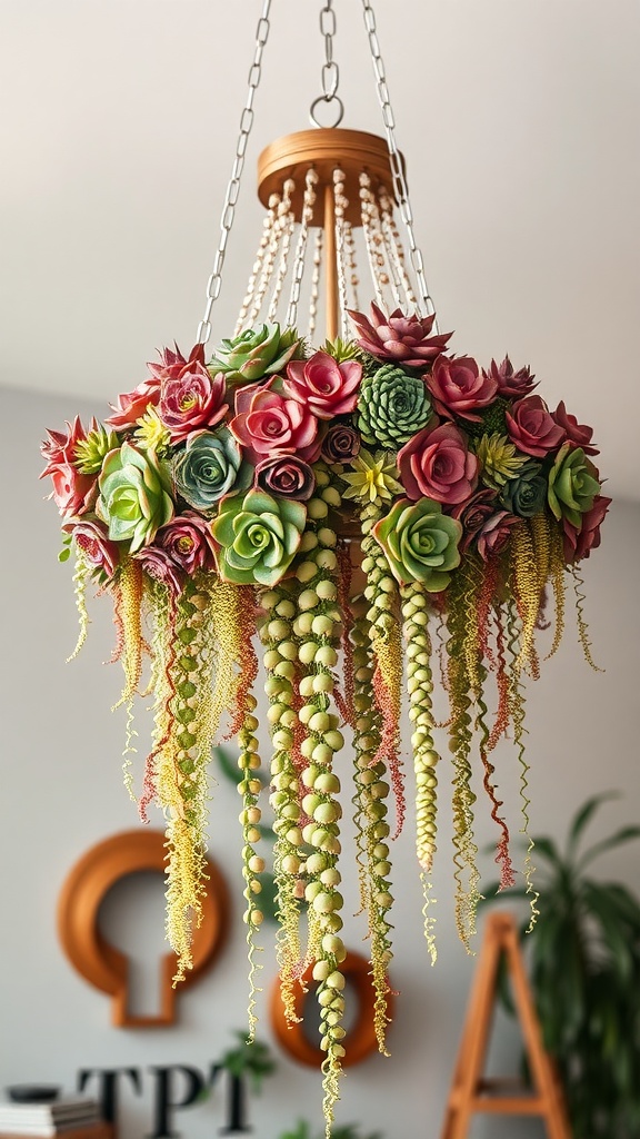 A vibrant succulent chandelier with various green and pink succulents hanging from a wooden frame.