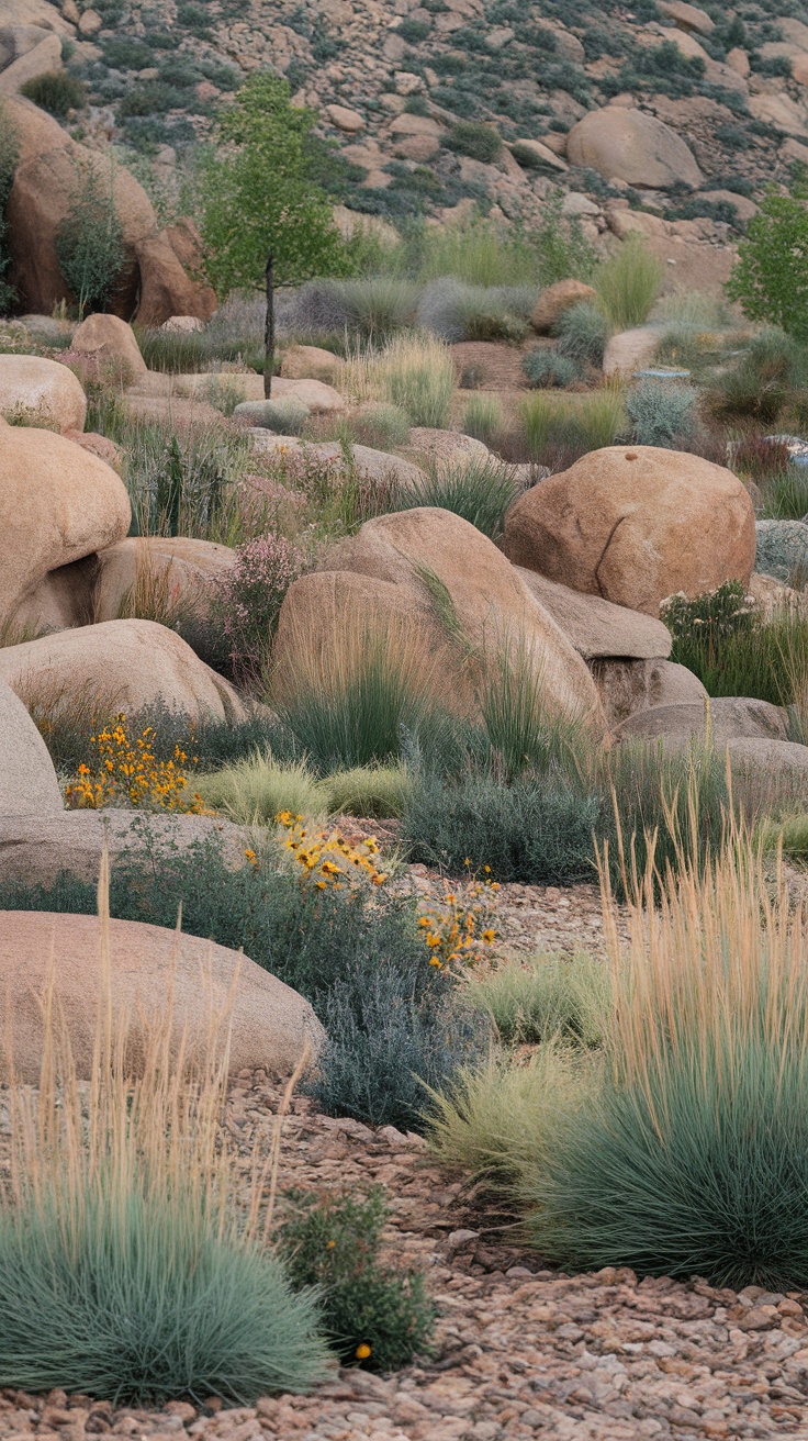 A landscaped area with large boulders and native plants including grasses and colorful flowers.