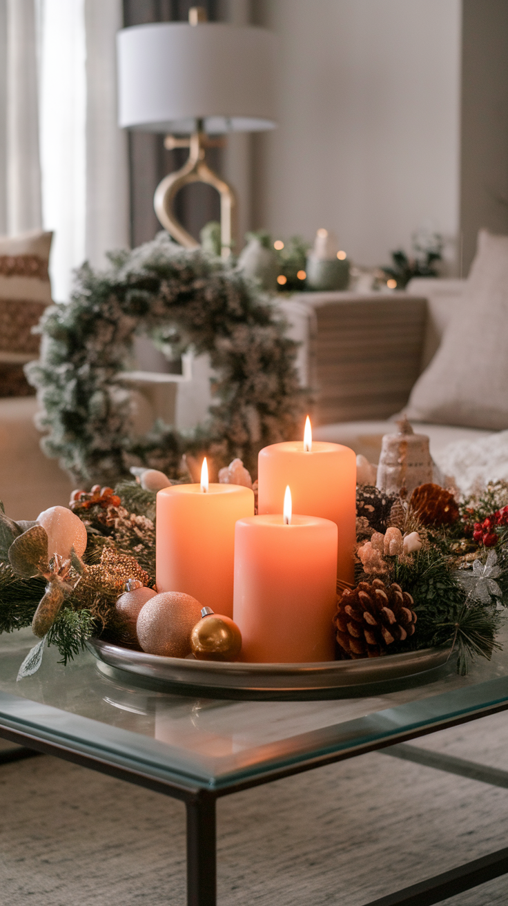 A cozy setting with peach fuzz scented candles surrounded by festive decorations.